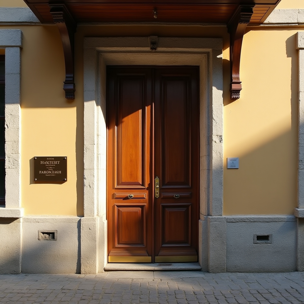 Vstup do kanceláře v Karlových Varech s dřevěnými dveřmi a cedulí